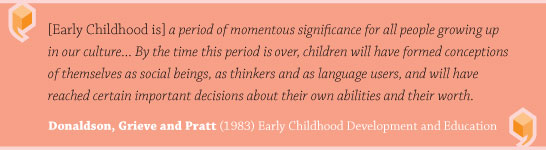Quote Donaldson, Greive and Pratt (1983) Early childhood is a period of momentous significance for all people growing up in our culture... By the time this period is over, children will have formed conceptions of themselves as social beings, as thinkers and as language users, and will have reached certain decisions about their own abilities and their worth.